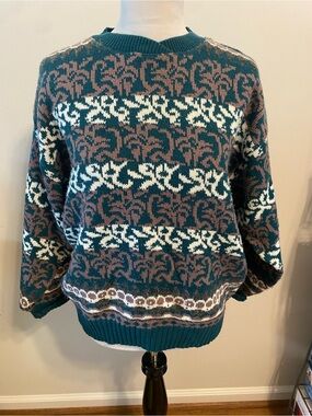 Vintage 90s Teal Green Fair Isle Knit Sweater Geometric Pattern Crewneck